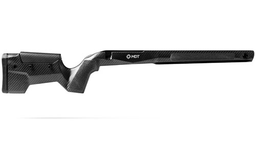 MDT CRBN Stock är lätt och hållbar med magnesium micro chassis, ARCA rail, M-LOK fästen och justerbar längd för optimal komfort vid långa jakter.